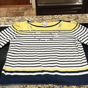 Alfred Dunner Yellow and Navy Striped Sweater